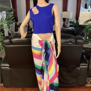 2 PC Blue Cutout  Crop Top with Colorful  Beach Striped Wrap